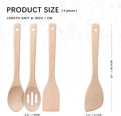Wooden Spoons for Cooking, 4-Piece Wood Utensil Set Includes Slotted Spoon - Image 2