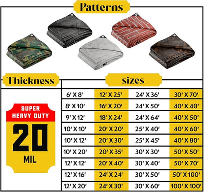 Core Tarps Extreme Heavy Duty 20 Mil Tarp Cover, Waterproof, UV Resistant, Rip and Tear Proof, Poly Tarpaulin with Reinforced Edges for Roof, Camping, Patio, Pool, Boat (Bricks/Black 20′ X 20′)