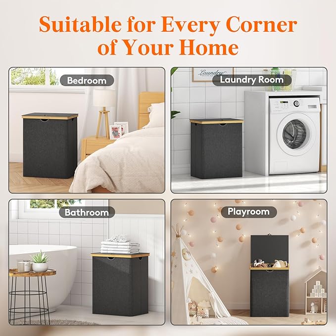 Lifewit 120L Double Laundry Hamper with Lid, Extra Large Bamboo Laundry Basket Dirty Clothes Hamper, 2 Section Laundry Bin Organizer for Laundry Room Bedroom with 2 Removable Liners & Bags, Dark Gray