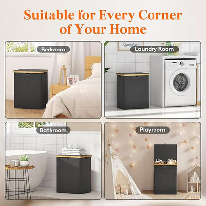 Lifewit 120L Double Laundry Hamper with Lid, Extra Large Bamboo Laundry Basket Dirty Clothes Hamper, 2 Section Laundry Bin Organizer for Laundry Room Bedroom with 2 Removable Liners & Bags, Dark Gray