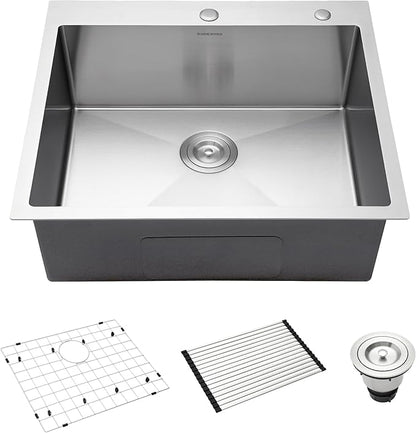 25-Inch Drop-In Kitchen Sink, SINKVINE 25" x 22" Stainless Steel Indoor and Outdoor Sink, Top Mount Large Deep Single Bowl Sink for Laundry Room, with Drain Strainer, Bottom Grid, Roll-up Drying Unit