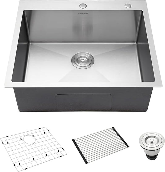 25-Inch Drop-In Kitchen Sink, SINKVINE 25" x 22" Stainless Steel Indoor and Outdoor Sink, Top Mount Large Deep Single Bowl Sink for Laundry Room, with Drain Strainer, Bottom Grid, Roll-up Drying Unit