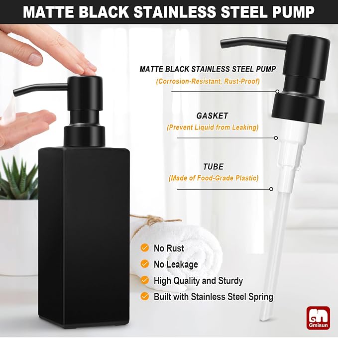 GMISUN Black Soap Dispenser, Hand Soap Dispenser Bathroom, 12 fl oz/350ml Glass - Image 3