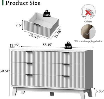 Fluted Dresser with 6 Drawers, Wooden Dresser TV Stand, Wood Closet Clothes - Image 2