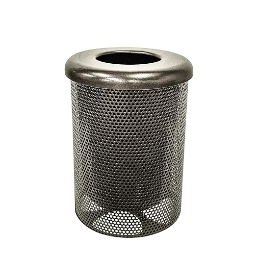 COATEDOUTDOORFURNITURE 32-Gallon Heavy-Duty Punched Steel Round Trash Receptacle, Commercial Outdoor Waste Bin with Liner & Black Flat Top Lid – Made in America (Textured Gold Vein)