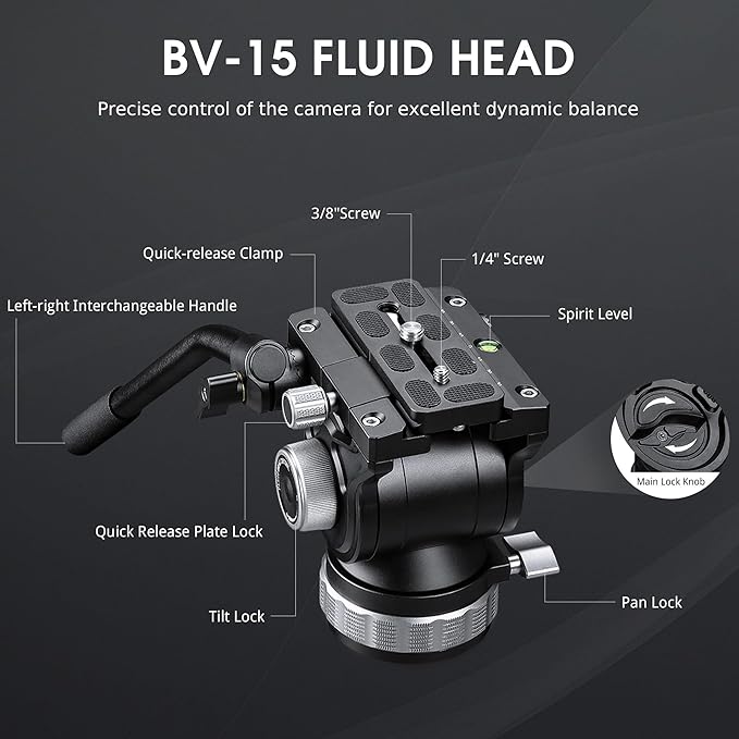 Heavy Duty Carbon Fiber Tripod with Fluid Head, One-Step Unlock System, with Removable Handle and Center Spreader, MaxLoad 8 KG/17.64 LB, Balanced Load 3 KG/6.61 LB (LVF-163C+BV-15)