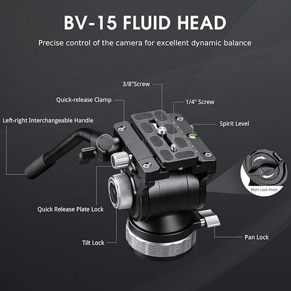 Heavy Duty Carbon Fiber Tripod with Fluid Head, One-Step Unlock System, with Removable Handle and Center Spreader, MaxLoad 8 KG/17.64 LB, Balanced Load 3 KG/6.61 LB (LVF-163C+BV-15)