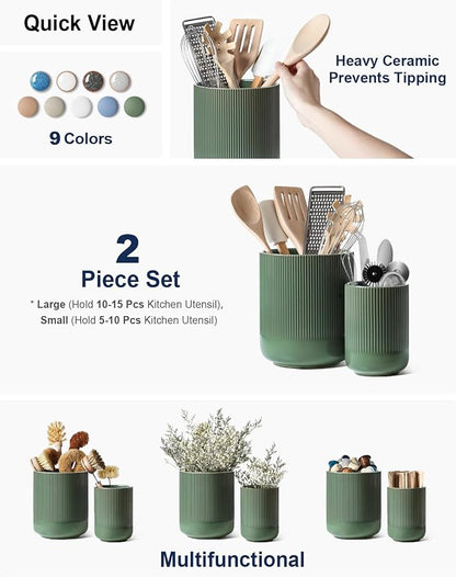 LE TAUCI Utensil Holder for Kitchen Counter, 7.3"+5.4" Fluted Ceramic Utensil - Image 2