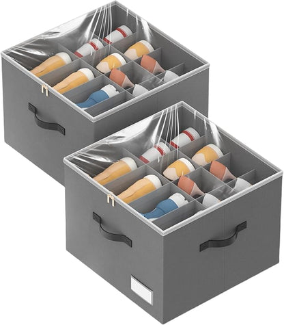 Shoe Organizer for Closet, 2 Pack Foldable Shoe Storage Containers, Fits up 16-32 Pairs, Shoe Storage Organizer Box Cubby Baskets Bins with Clear Cover and Reinforced Handles, Gray