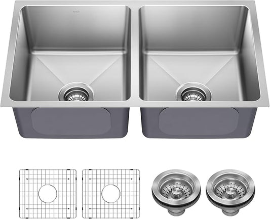 KRAUS Fairlane 33-inch Undermount Double Bowl 18-Gauge Stainless Steel Kitchen Sink, KHU632-33
