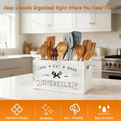 Large and Durable Retro White Wooden Kitchen Utensil Holder - Image 4