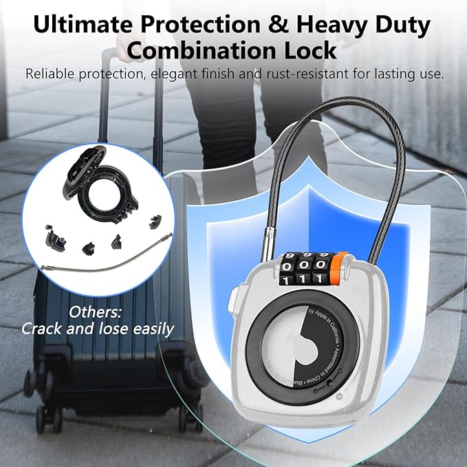 Compatible with Apple AirTag Secure Lock with Wire Cable, 3-Digit Combination Luggage Locks, Alloy Body Ultra Durable Anti-Lost Protective Case for Luggage, Bags, Suitcase, and Backpacks (WHITE)