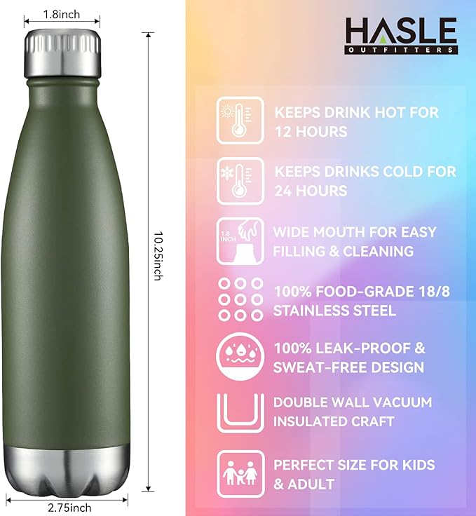 HASLE OUTFITTERS 17oz Stainless Steel Water Bottles, Vacuum Insulated Double Walled Powder Coated Reusable Metal Sports Water Bottles Keep Drinks Hot and Cold, ArmyGreen, 1Pack