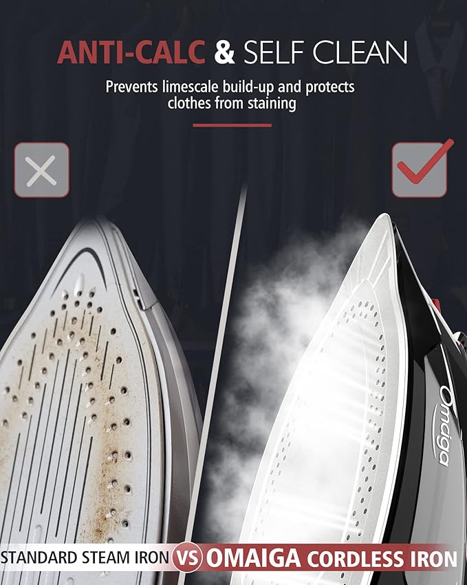 Cordless Iron for Clothes, 1500W Steam Iron Rapid Heating, Non-Stick Ceramic Soleplate, Auto Shut Off, Burst of Steam, Self-Clean, Anti Drip, 3 Temperature Settings, 11.84oz Water Tank, Black