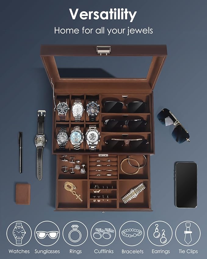 Watch Jewelry Box Organizer, 6-Slot 2-Layer Watch Case and Sunglasses Storage with Large Glass Lid, Men's Jewelry Box with Lock, Watch Holder Display Case, Gift for Men Women