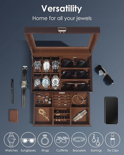 Watch Jewelry Box Organizer, 6-Slot 2-Layer Watch Case and Sunglasses Storage with Large Glass Lid, Men's Jewelry Box with Lock, Watch Holder Display Case, Gift for Men Women