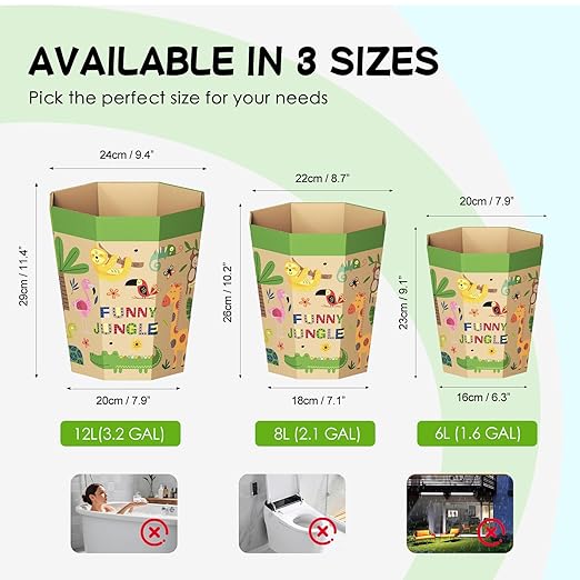 6-Pack Cardboard Trash Can – Foldable, Recyclable, Plastic-Free & Reusable Small Waste Paper Basket for Kids - Garbage Bin Perfect for Bedrooms, Playrooms, Children's Room & Outdoor (3.2 Gallon)