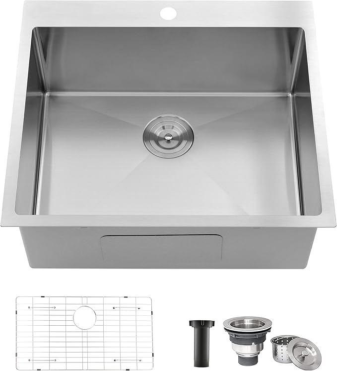 Comllen 25 x 22 Inch Drop In Kitchen Sink, Brushed Nickel Topmount 16 Gauge Stainless Steel Kitchen Sinks, 9 Inch Deep Utility RV Sink with Dish Grid and Basket Strainer