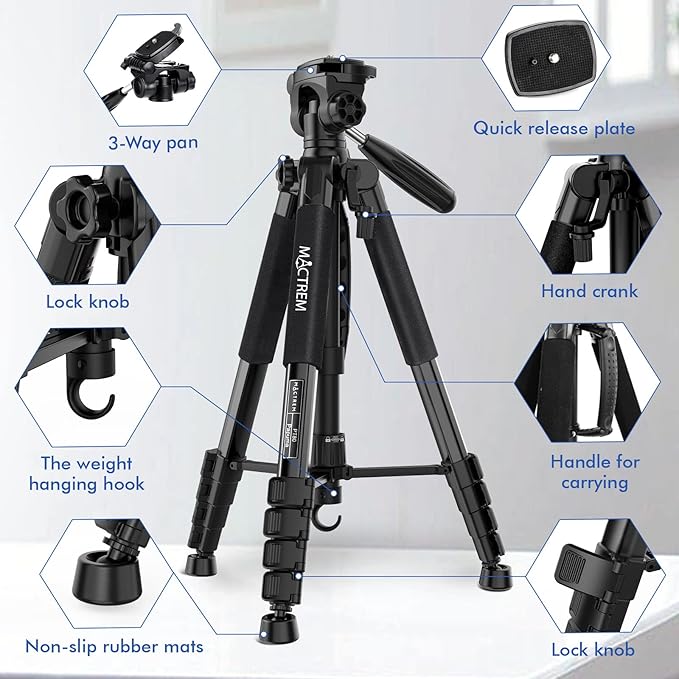 MACTREM 75 Inch Camera Tripod for Sony Canon Nikon, Lightweight Travel Video Aluminum Tripod Stand with Cell Phone Mount for iPad Phone
