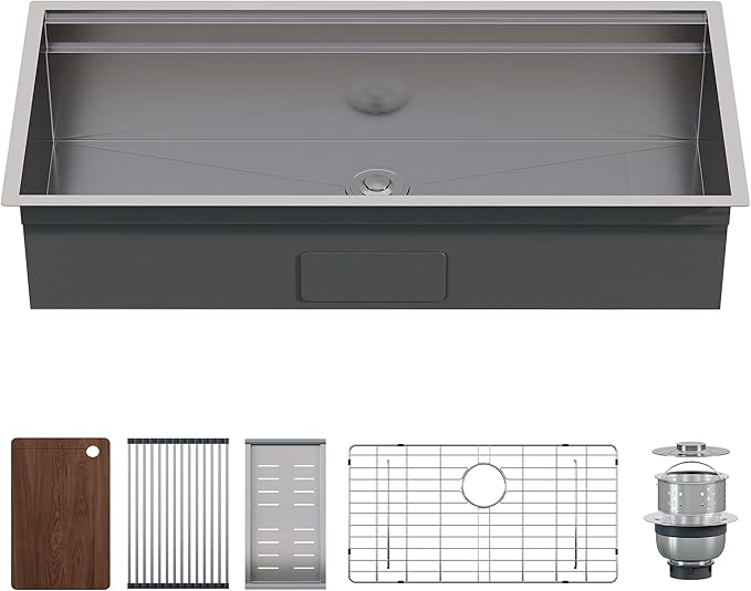 44.3-Inch Undermount Kitchen Sink Workstation, 16 Gauge 304 Stainless Steel Single Bowl Kitchen Sink with Cutting Board, Drying Rack, Roll-Up Rack and Drain Assembly