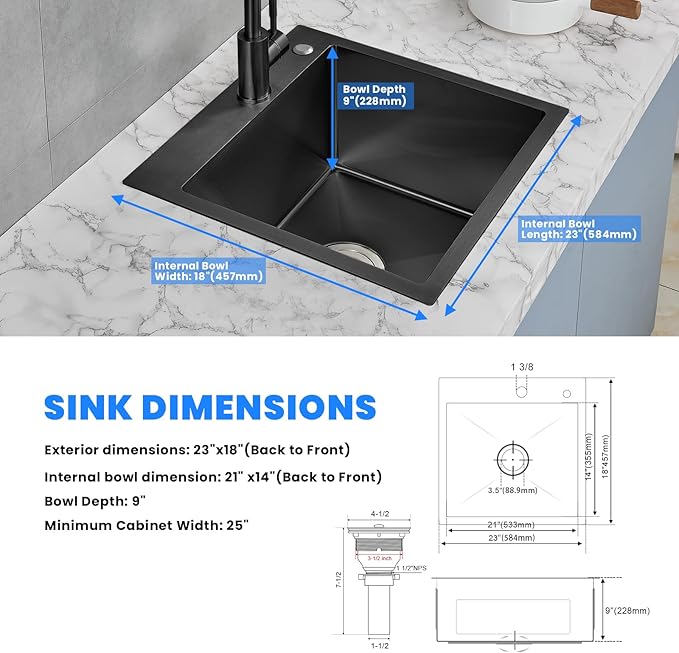 POPFLY 23 x 18 Inch Drop in Kitchen Sink, 304 Stainless Steel Overmount Single Bowl 9 Inch Deep Small Rv Sink Handmaed Bar Prep Top mount Utility Sink, Black