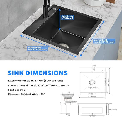 POPFLY 23 x 18 Inch Drop in Kitchen Sink, 304 Stainless Steel Overmount Single Bowl 9 Inch Deep Small Rv Sink Handmaed Bar Prep Top mount Utility Sink, Black