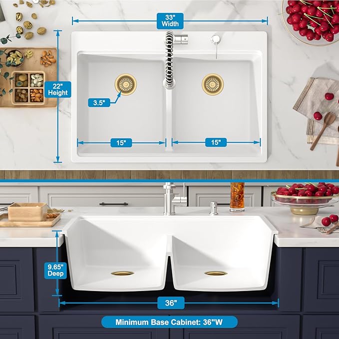 33 Inch Quartz Drop In White Kitchen Sink-Donsdey Double Bowl Topmount Granite Composite Workstation Sinks Double Basin Large Bowl Hard and Durable Noise Reduction Luxury Accessories