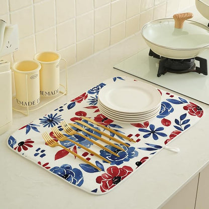 Red Blue Floral Dish Drying Mat 18x24 Inch Vintage 4th of July Drying Mat - Image 2
