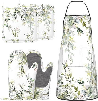 Sage Green Eucalyptus Oven Mitts Watercolor Butterfly Leaves Pot Holders by Unknown