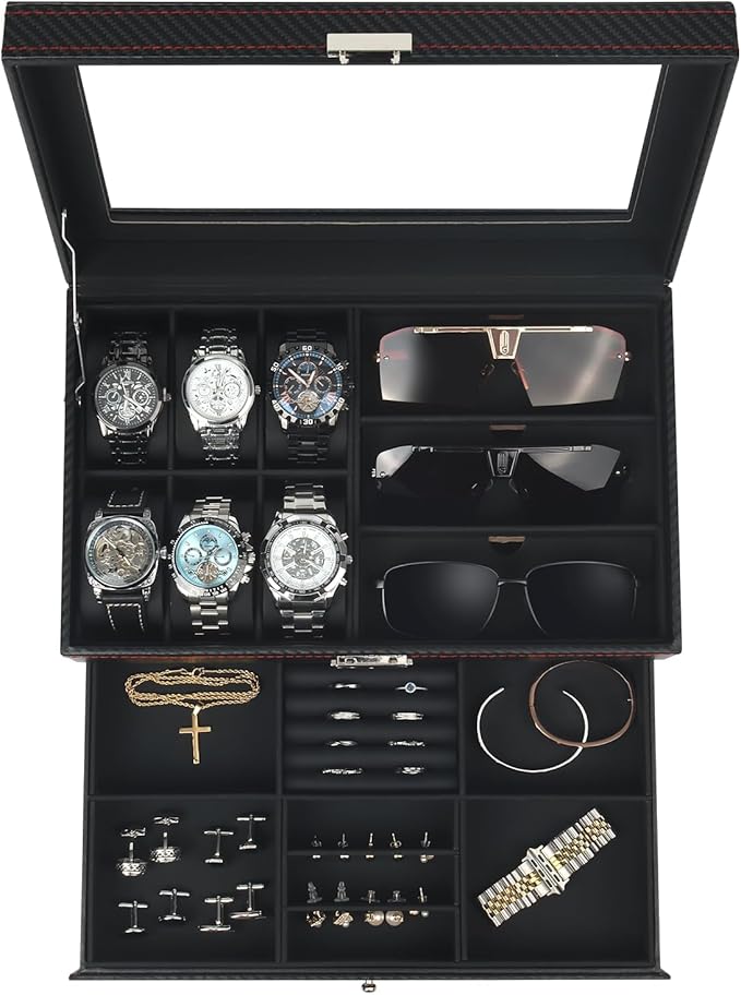 Watch Jewelry Box Organizer, 6-Slot 2-Layer Watch Case and Sunglasses Storage with Large Glass Lid, Men's Jewelry Box with Lock, Watch Holder Display Case, Gift for Men Women