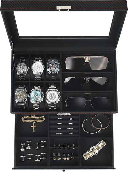 Watch Jewelry Box Organizer, 6-Slot 2-Layer Watch Case and Sunglasses Storage with Large Glass Lid, Men's Jewelry Box with Lock, Watch Holder Display Case, Gift for Men Women