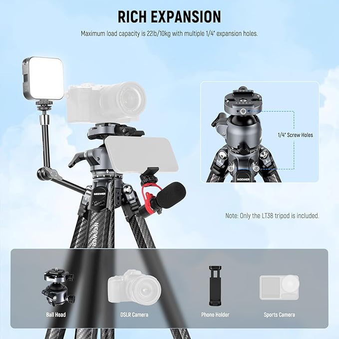 NEEWER LITETRIP LT38 61" Travel Tripod Carbon Fiber for Camera, 360° Pan Tilt Low Profile Ball Head, Flexible Center Axis, Arca QR Plate Compatible with Peak Design Tripod Clip V3, Max Load 22lb