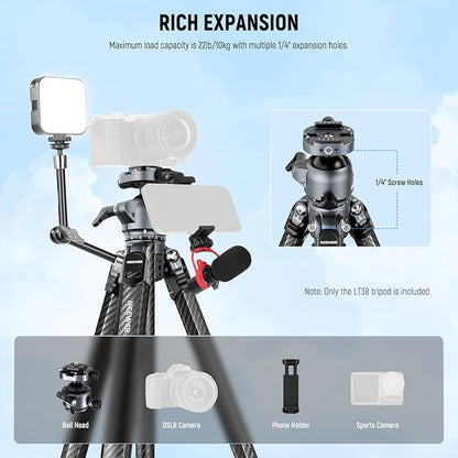 NEEWER LITETRIP LT38 61" Travel Tripod Carbon Fiber for Camera, 360° Pan Tilt Low Profile Ball Head, Flexible Center Axis, Arca QR Plate Compatible with Peak Design Tripod Clip V3, Max Load 22lb