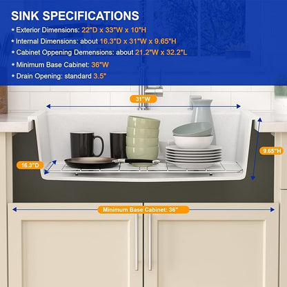 Dcolora White Granite Composite Kitchen Sink Drop In, 33x22 Large Single Bowl White Kitchen Sink Multifunctional Topmount Workstation Sinks #DC-0002GWT, 33" x 22" x 10"