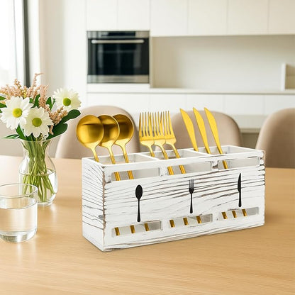 Farmhouse Wooden Utensil Caddy Party Cutlery Silverware Holder Small Wood - Image 4