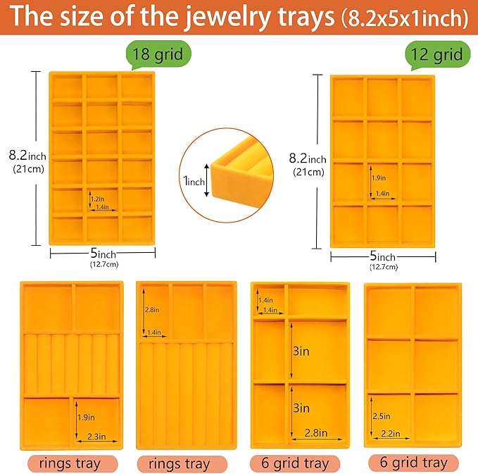 Set of 8 Stackable Velvet Jewelry Trays Organizer Jewelry Display Storage Box Dresser Drawer Organizer for Earring Necklace Bracelet Ring Accessary