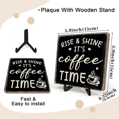 Farmhouse Coffee Bar Sign, Rise & Shine It's Coffee Time Desk Wooden Sign - Image 2