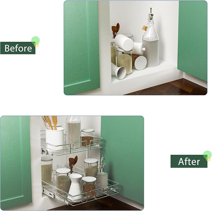 LOVMOR 2 Tier Individual Pull Out Cabinet Organizer 14" W x 21" D, Slide Out - Image 7