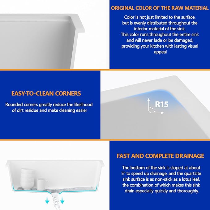 Dcolora 33" Quartz Granite Composite White Kitchen Sink Undermount Sink Deep Single Bowl, Round Corner, 33"x19", DC-GU7750