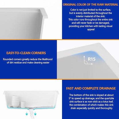 Dcolora 33" Quartz Granite Composite White Kitchen Sink Undermount Sink Deep Single Bowl, Round Corner, 33"x19", DC-GU7750