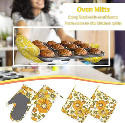 Retro 70s Style Flower Oven Mitts Pot Holders Cooking Apron Set of 5 Silicone - Image 7