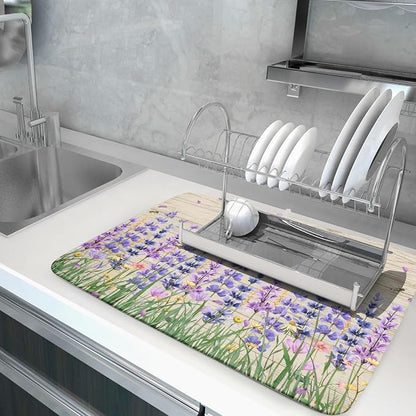 Lavender Floral Dish Drying Mat 18x24 inch Spring Summer Flower Decorative Fast - Image 5