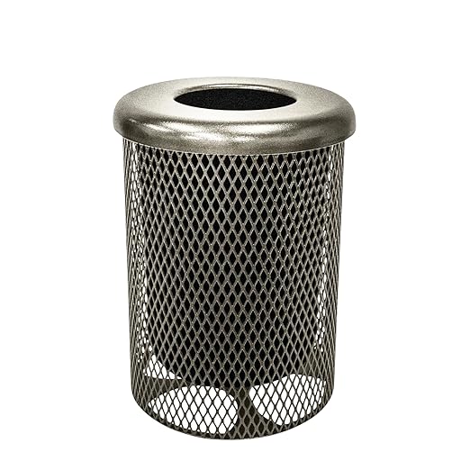 COATEDOUTDOORFURNITURE 32-Gallon Heavy-Duty Expanded Metal Round Trash Receptacle, Commercial Outdoor Waste Bin with Liner & Black Flat Top Lid – Made in America (Textured Gold Vein)