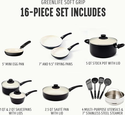 GreenLife 16 Piece Nonstick Cookware Set, Soft Grip Non-Toxic PFAS-Free Ceramic - Image 4