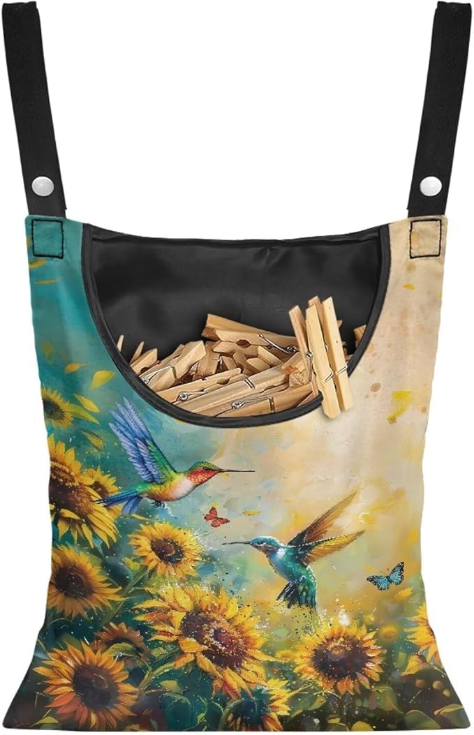 2 Pcs Clothes Pin Hanging Bag with Big Opening Storage Clothes Pins & Mini Clothespins，Hanging Laundry Bag Fits Retractable Clothes Line Outdoors（Hummingbird Sunflower）