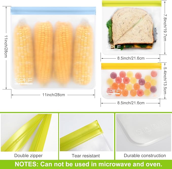 SPLF 12 Pack Dishwasher Safe Reusable Bags Silicone, Leakproof Reusable Freezer Bags, BPA Free Reusable Storage Bags for Lunch Marinate Food Travel - 2 Gallon 5 Sandwich 5 Snack Bags