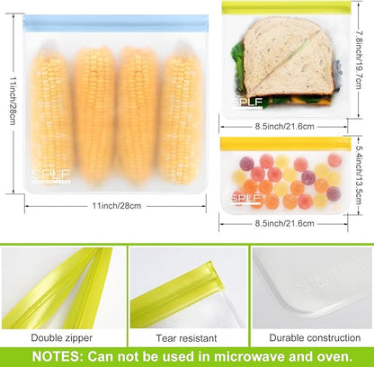 SPLF 12 Pack Dishwasher Safe Reusable Bags Silicone, Leakproof Reusable Freezer Bags, BPA Free Reusable Storage Bags for Lunch Marinate Food Travel - 2 Gallon 5 Sandwich 5 Snack Bags