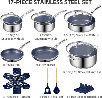 Ammeloo Hybrid Stainless Steel Cookware Set, 17-Piece Tri-Ply Pots and Pans Set - Image 2