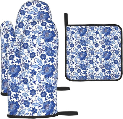 Navy Blue Floral Oven Mitts and Pot Holders Sets, Heat Resistant Oven Gloves by Unknown