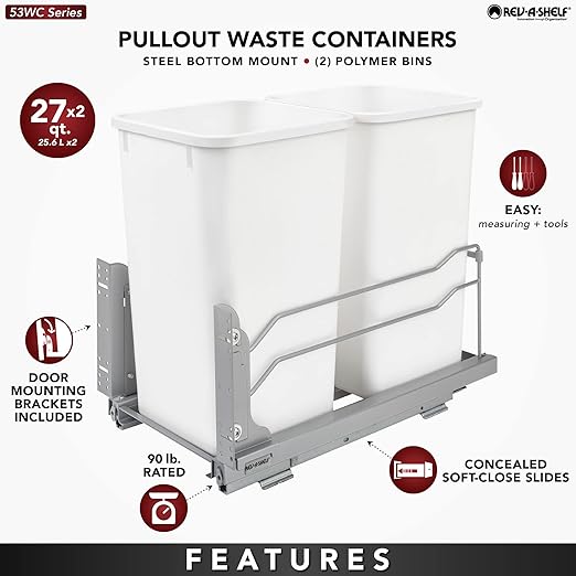 Rev-A-Shelf Double Pullout Trash Can for Base Kitchen Cabinets 27 Quart 12.5 Gallon with Soft-Close Slides, Champagne, 53WC-1527SCDM-212